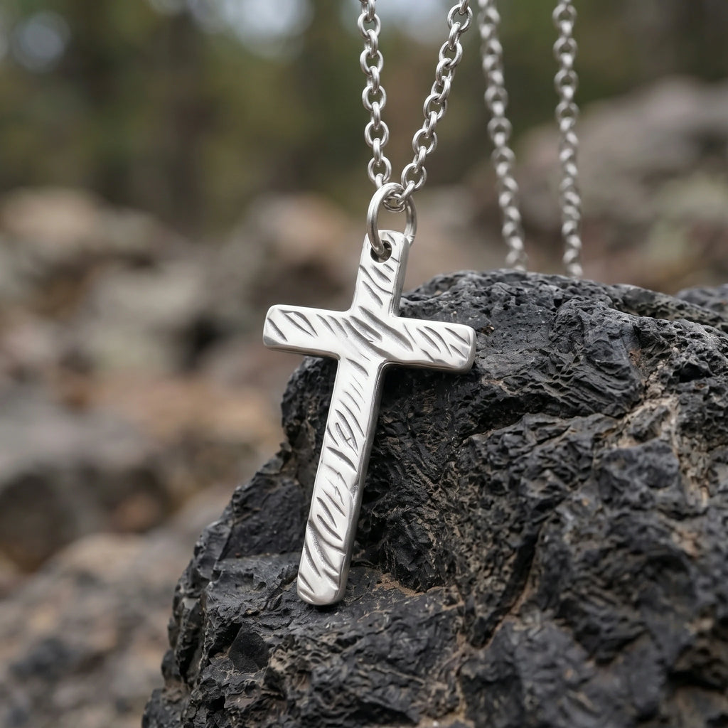 925 Sterling Silver Hammered Cross Durable Faith Protection Necklace