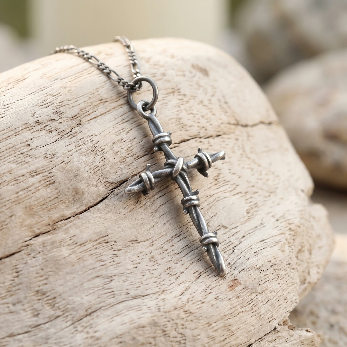Sacred Thorns Crown Cross, Solid 925 Sterling Silver Devotional Figaro Necklace