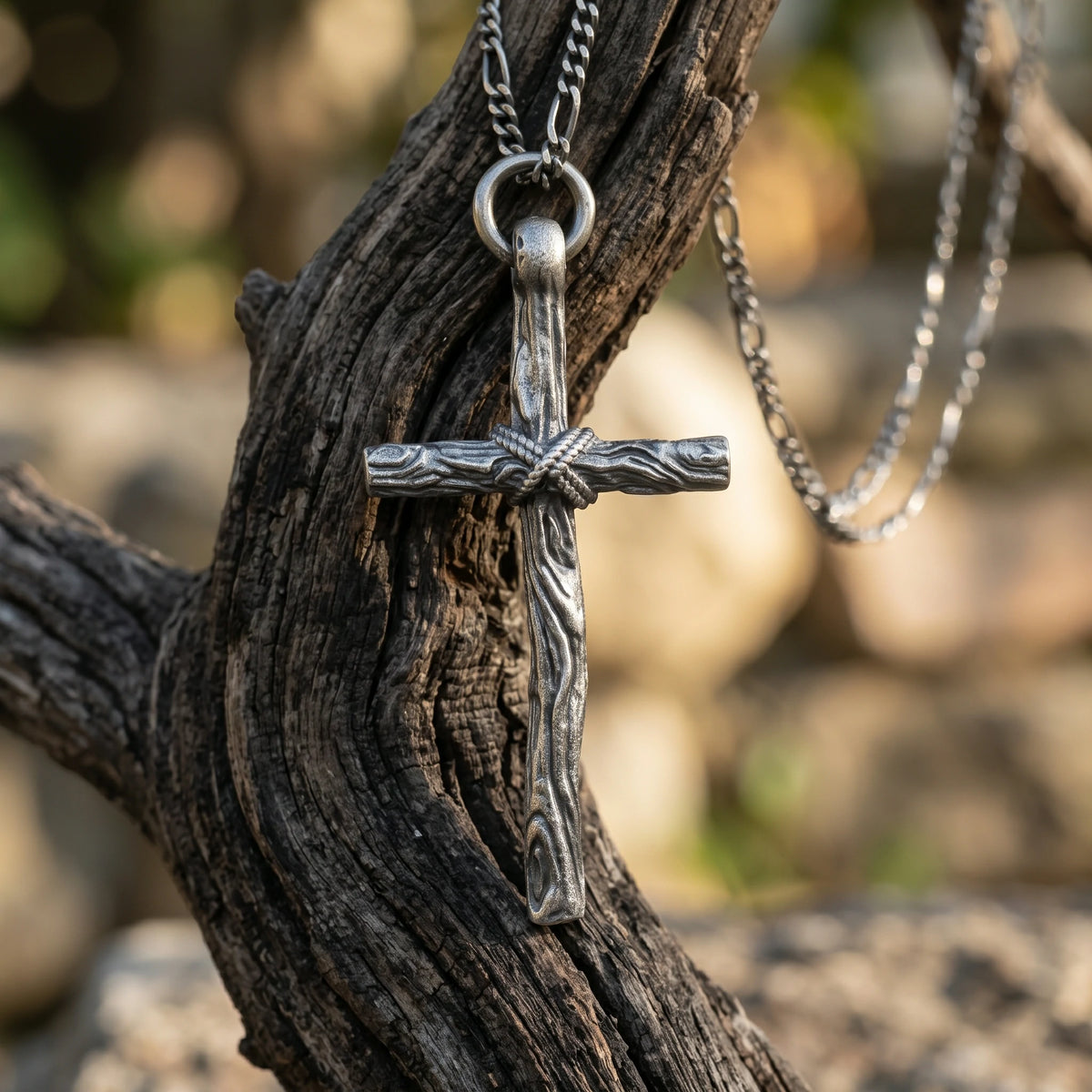 Living Branch Sacred Wood Cross, Textured 925 Sterling Silver Faith Necklace