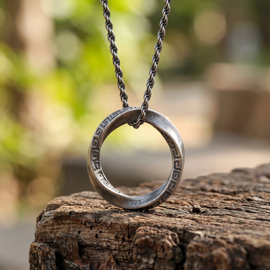 925 Sterling Silver Mobius Ring Pendant Necklace, Vintage Greek Key Eternity Jewelry