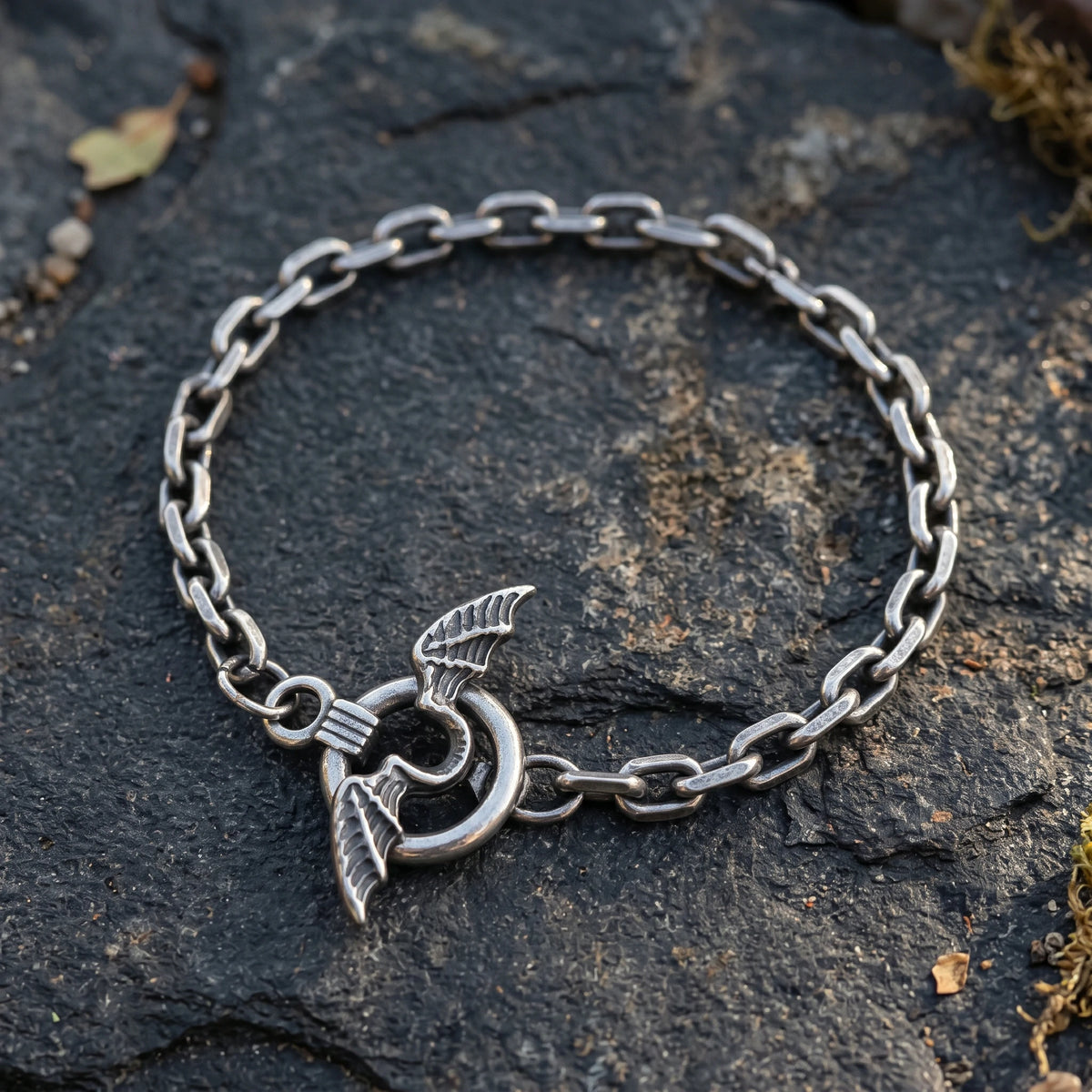925 Sterling Silver Gothic Winged Toggle Clasp Durable Link Chain Bracelet
