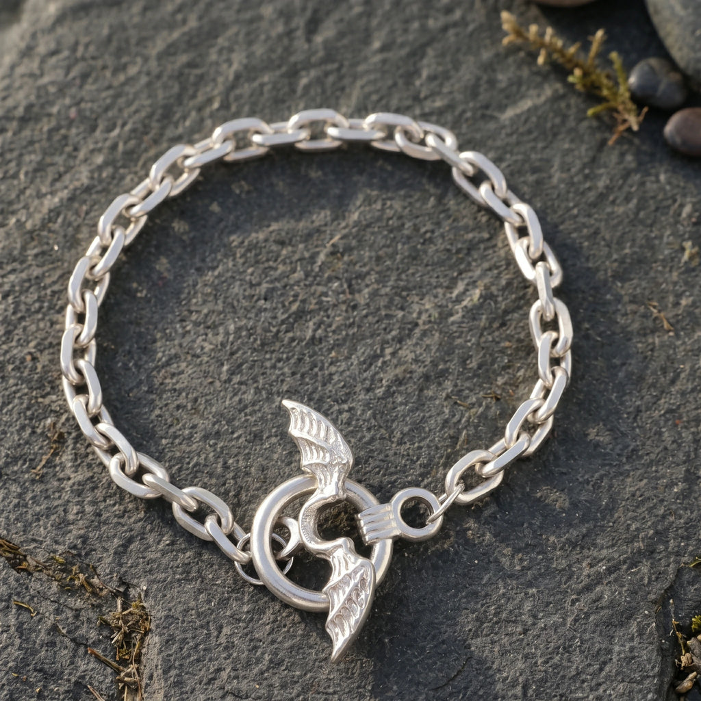 925 Sterling Silver Gothic Winged Toggle Clasp Durable Link Chain Bracelet