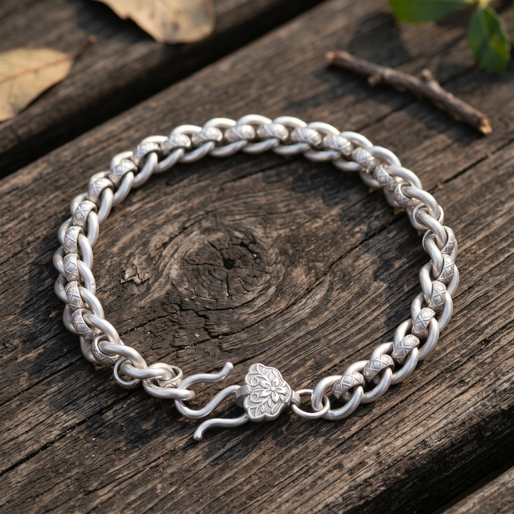 Vintage 925 Sterling Silver Floral Clasp Chain Bracelet for Women
