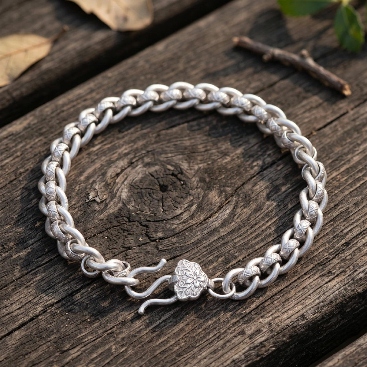 Vintage 925 Sterling Silver Floral Clasp Chain Bracelet for Women