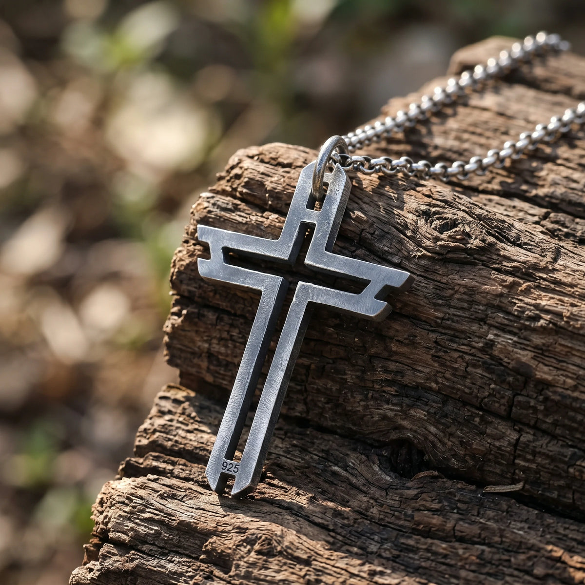 Sacred Path Hollow Cross Pendant, Oxidized 925 Sterling Silver Vintage Faith Amulet Necklace