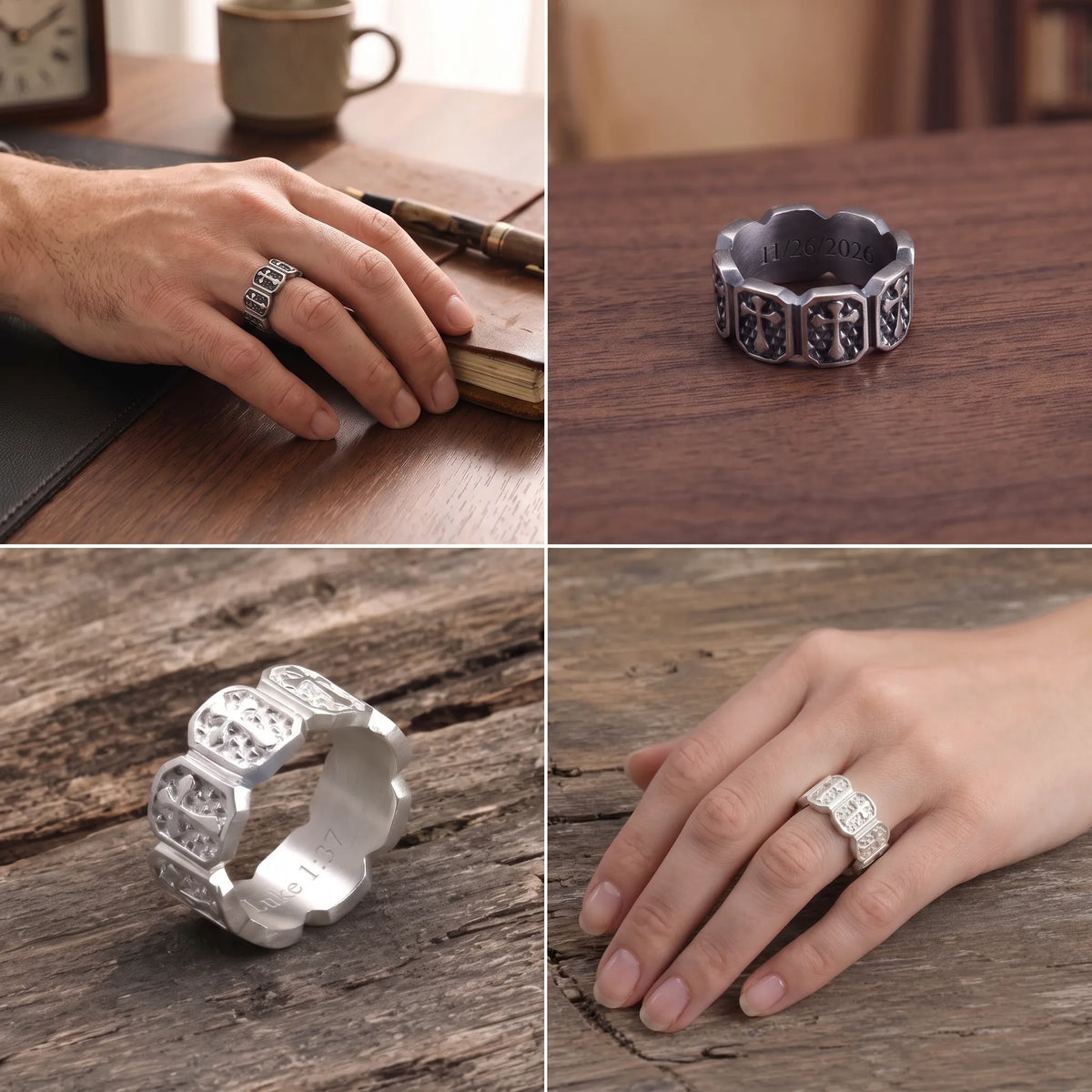 Personalized Mens Vintage 925 Sterling Silver Cross Ring - Custom Engraved Band