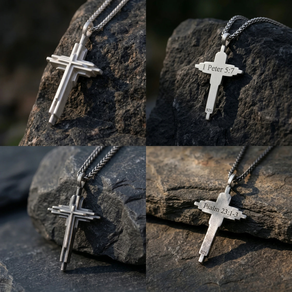 Engraved 925 Sterling Silver Layered Cross Necklace for Sacred Faith & Protection