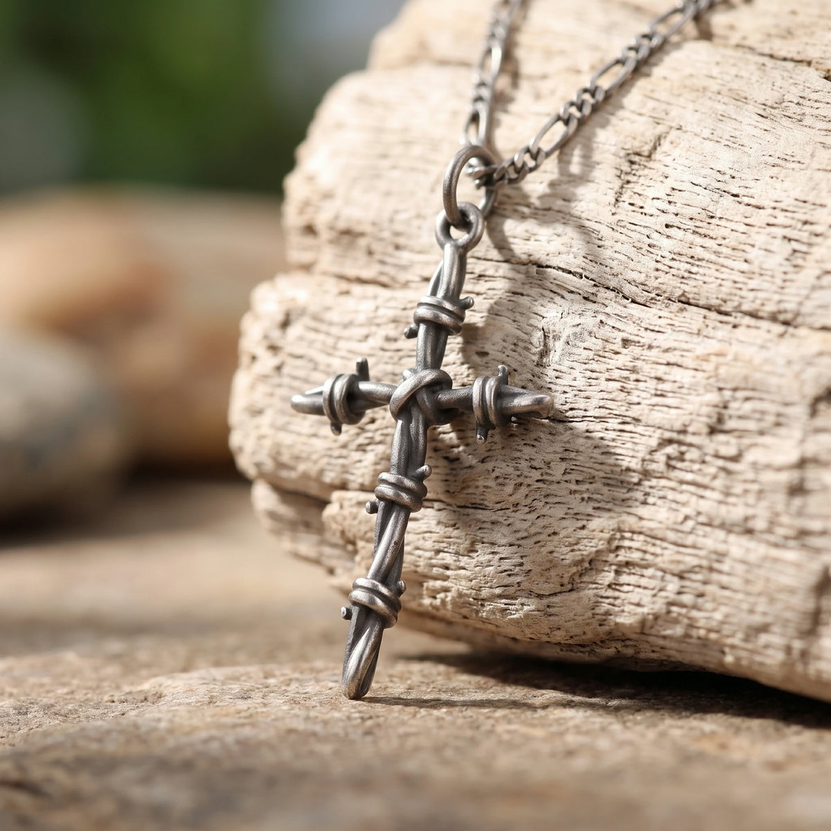Sacred Thorns Crown Cross, Solid 925 Sterling Silver Devotional Figaro Necklace