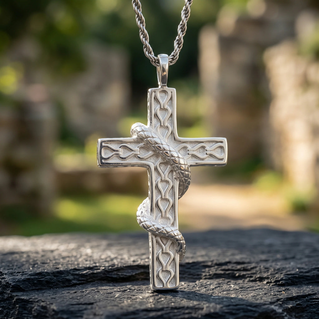 925 Sterling Silver Holy Snake Cross Durable Spiritual Faith Pendant Necklace