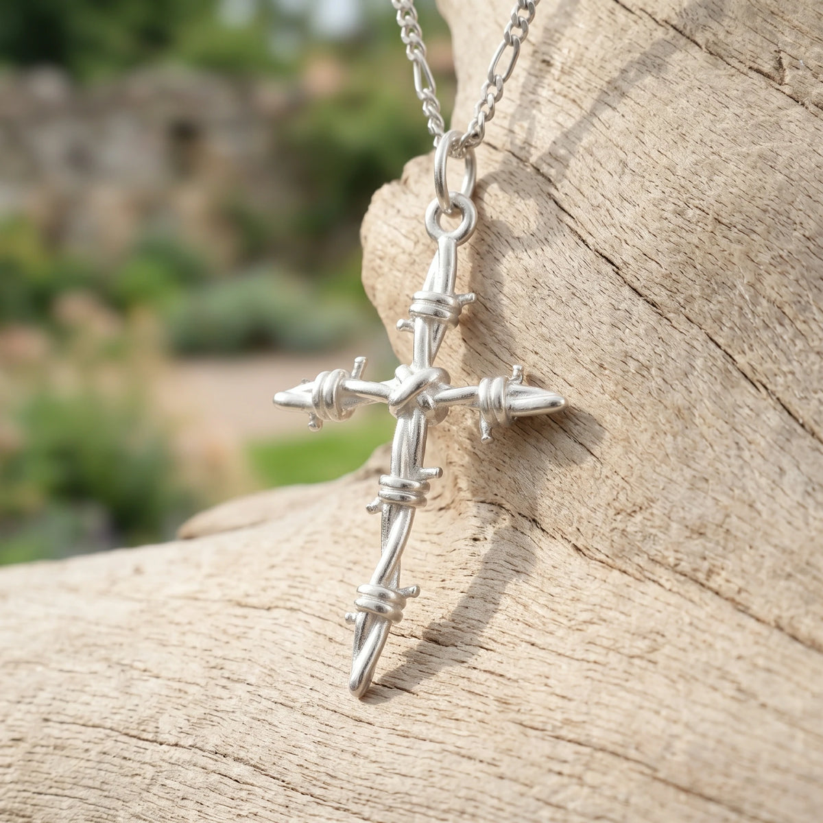 Sacred Thorns Crown Cross, Solid 925 Sterling Silver Devotional Figaro Necklace