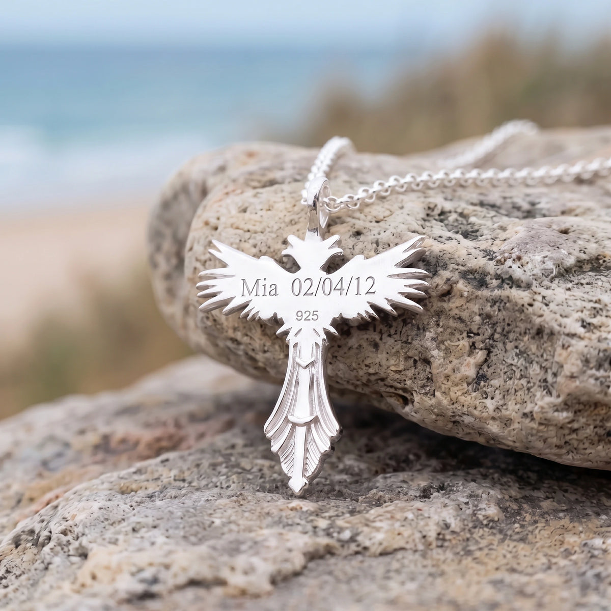 Custom 925 Sterling Silver Angel Wing Cross Pendant for Divine Heavenly Protection