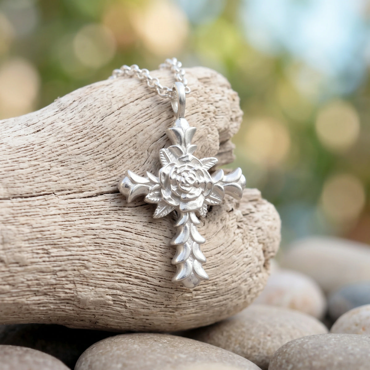 Custom 925 Sterling Silver Rose Cross Pendant Embodying Christs Pure Sacred Grace