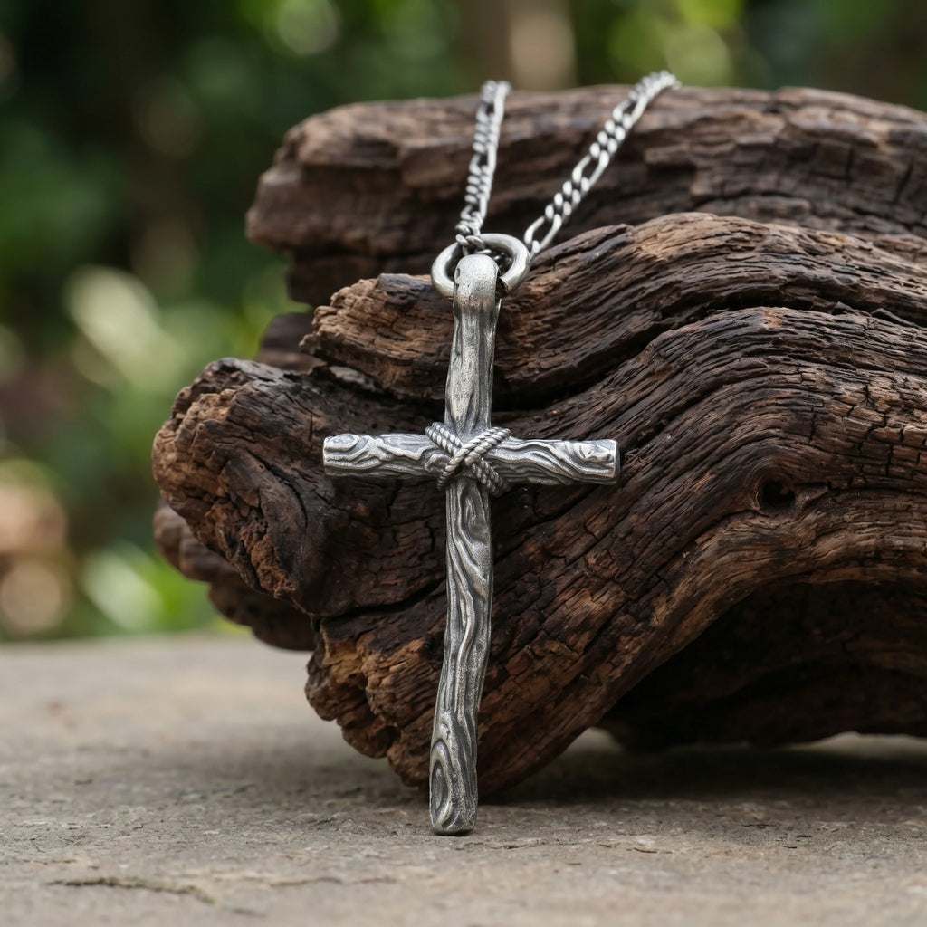 Living Branch Sacred Wood Cross, Textured 925 Sterling Silver Faith Necklace