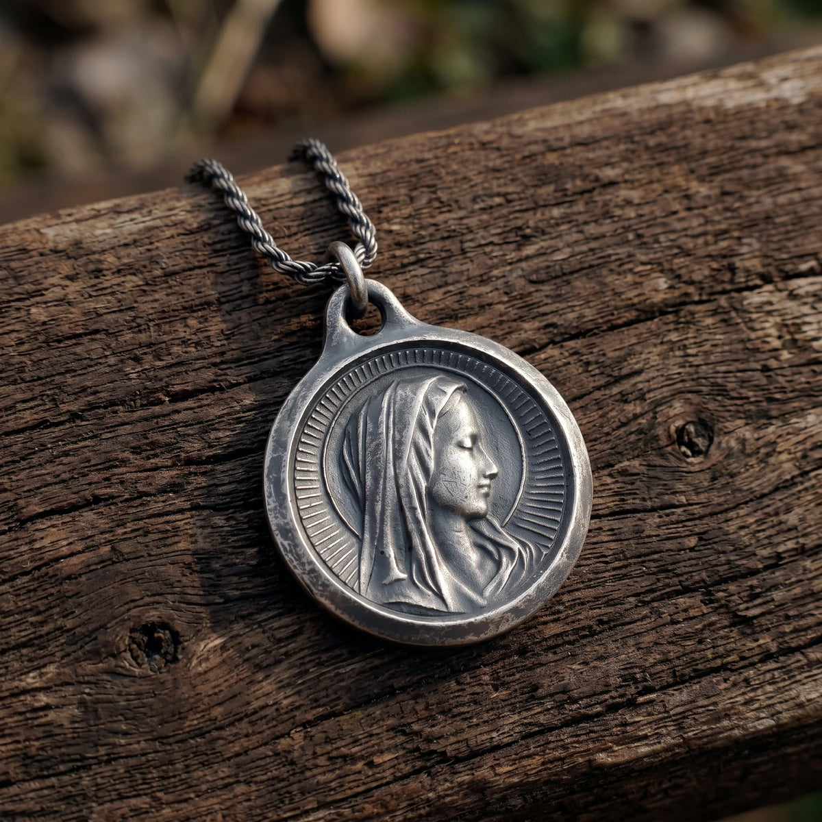 925 Sterling Silver Virgin Mary Medal Pendant, Vintage Religious Madonna Necklace