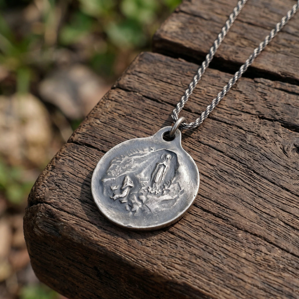 925 Sterling Silver Virgin Mary Medal Pendant, Vintage Religious Madonna Necklace