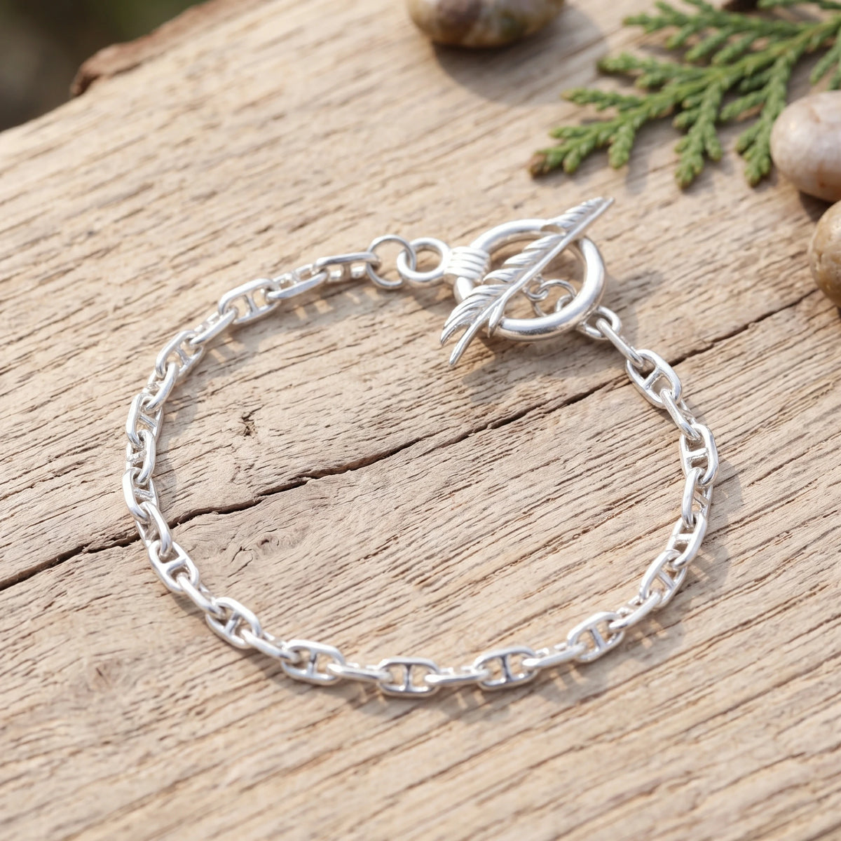 925 Sterling Silver Feather Clasp Anchor Chain Durable Bracelet Gift for Women