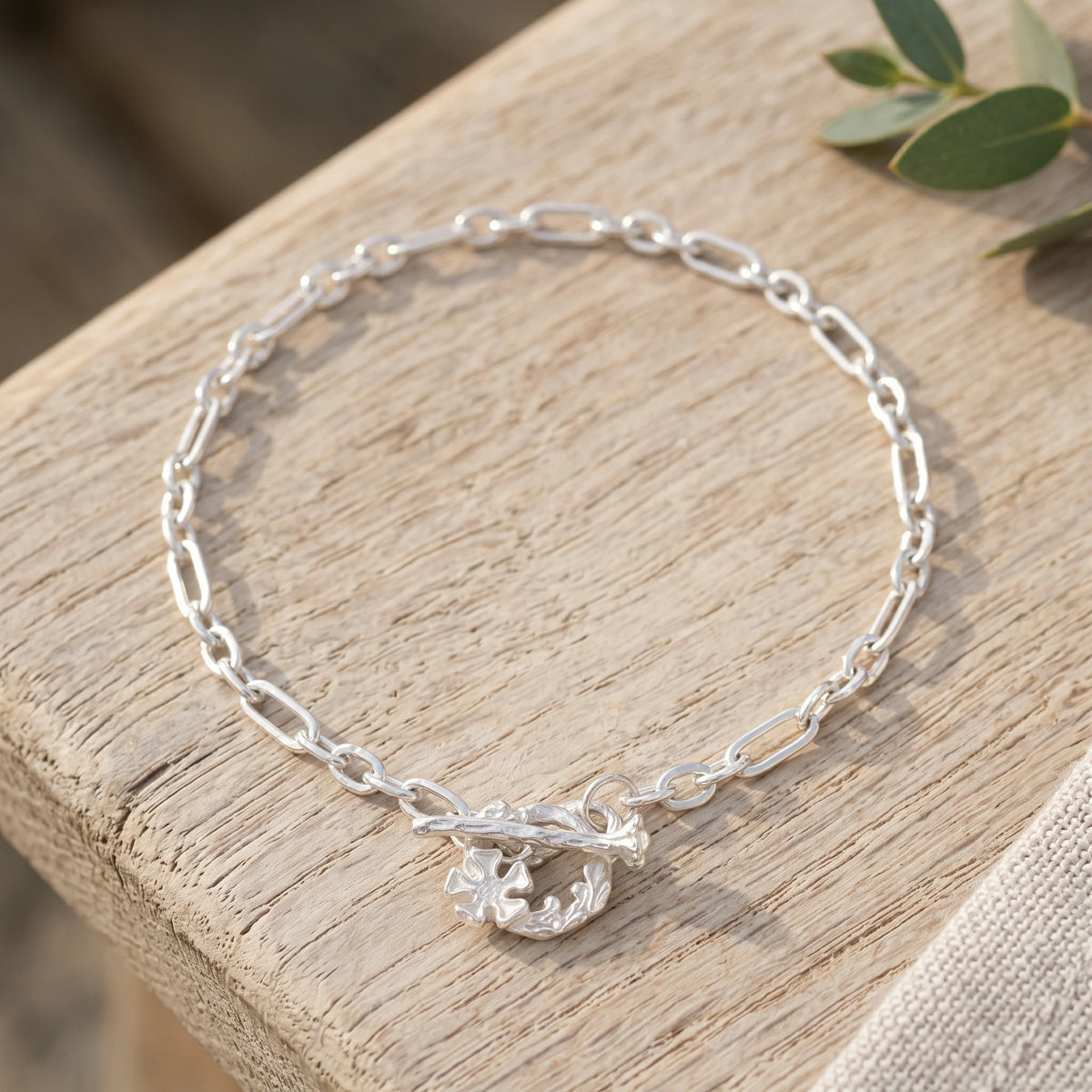 925 Sterling Silver Floral Branch Toggle Clasp Durable Link Chain Bracelet