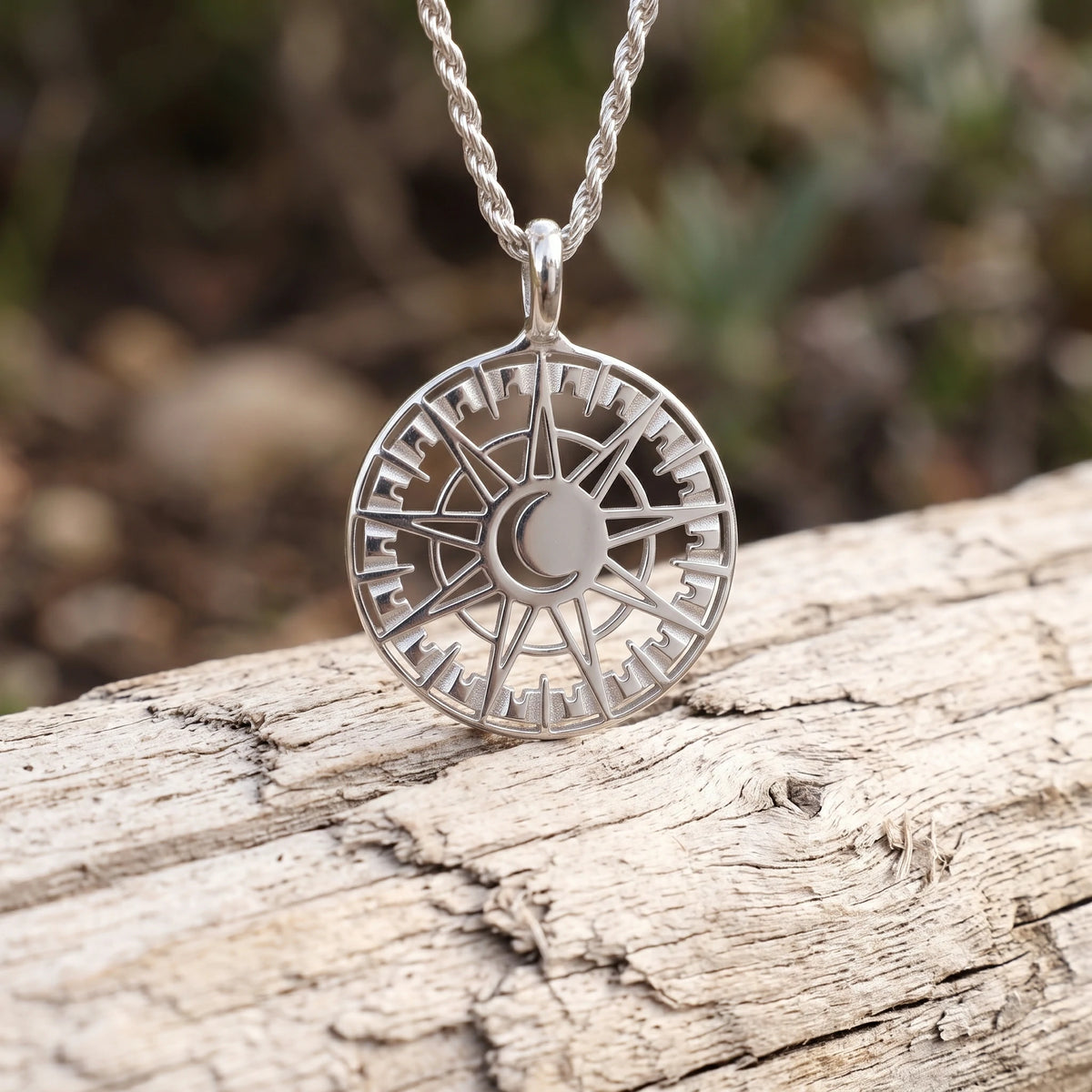 925 Sterling Silver Sun and Moon Pendant Necklace, Celestial Compass Astrolabe Jewelry
