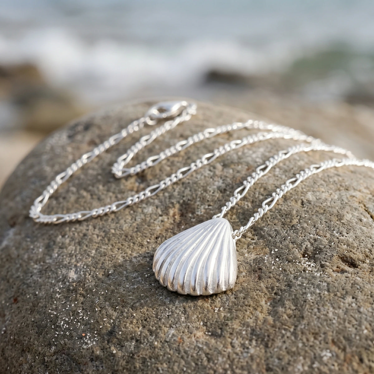 925 Sterling Silver Ribbed Scallop Shell Durable Coastal Pendant Necklace