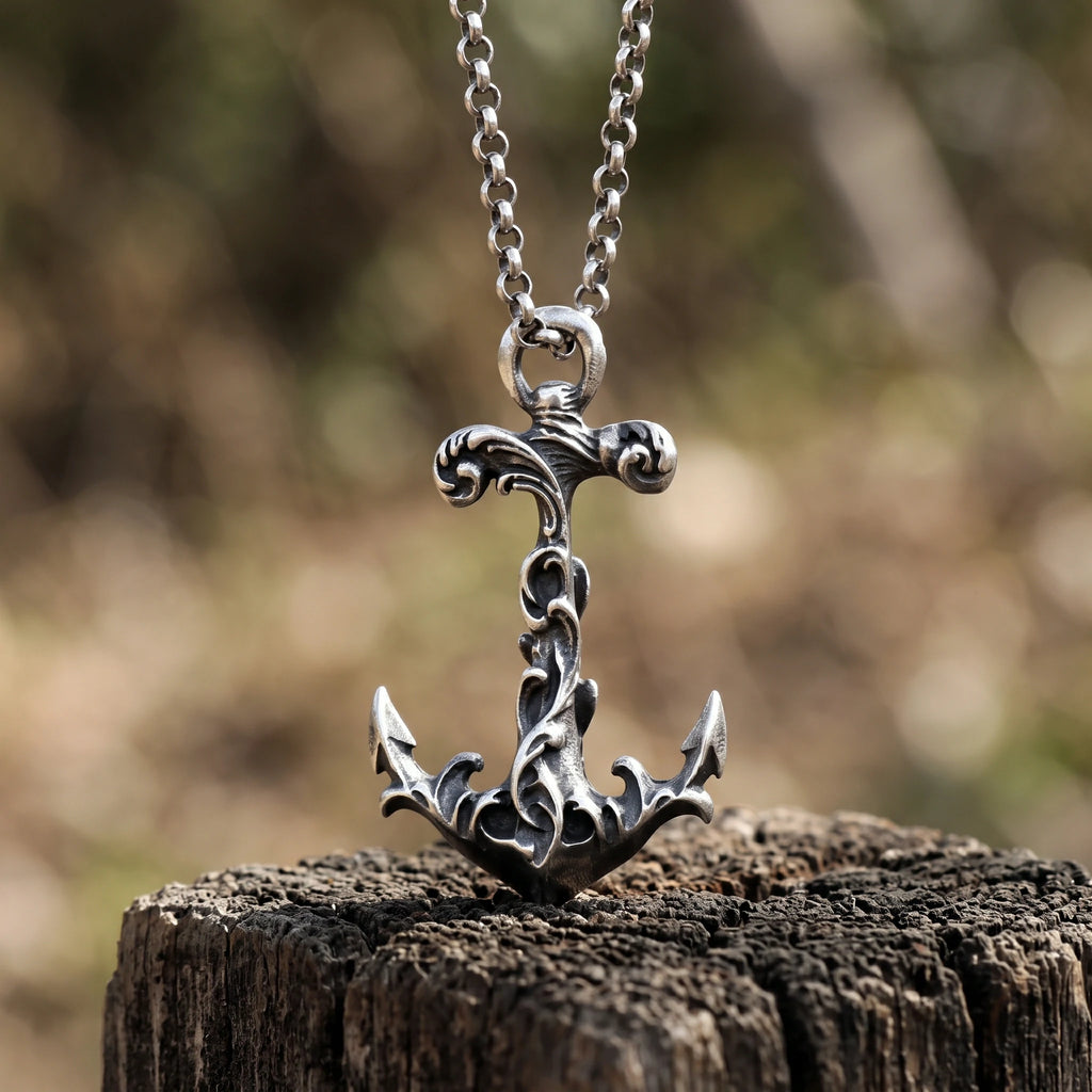 925 Sterling Silver Vintage Anchor Pendant Necklace, Baroque Nautical Sailor Charm Jewelry