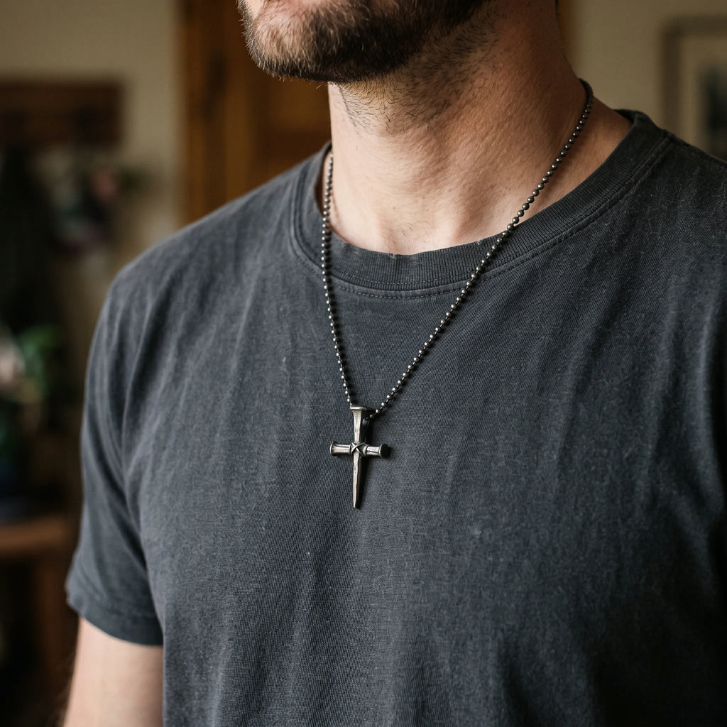 Sacred Grace Crucifixion Nails Cross Necklace, Oxidized 925 Sterling Silver Devotional Faith Pendant