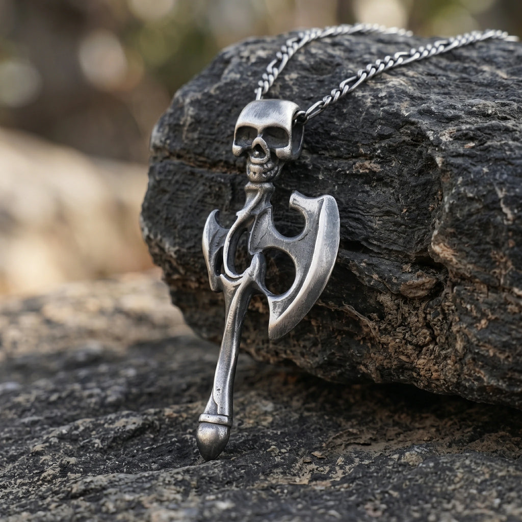 925 Sterling Silver Gothic Skull Battle Axe Durable Viking Warrior Pendant