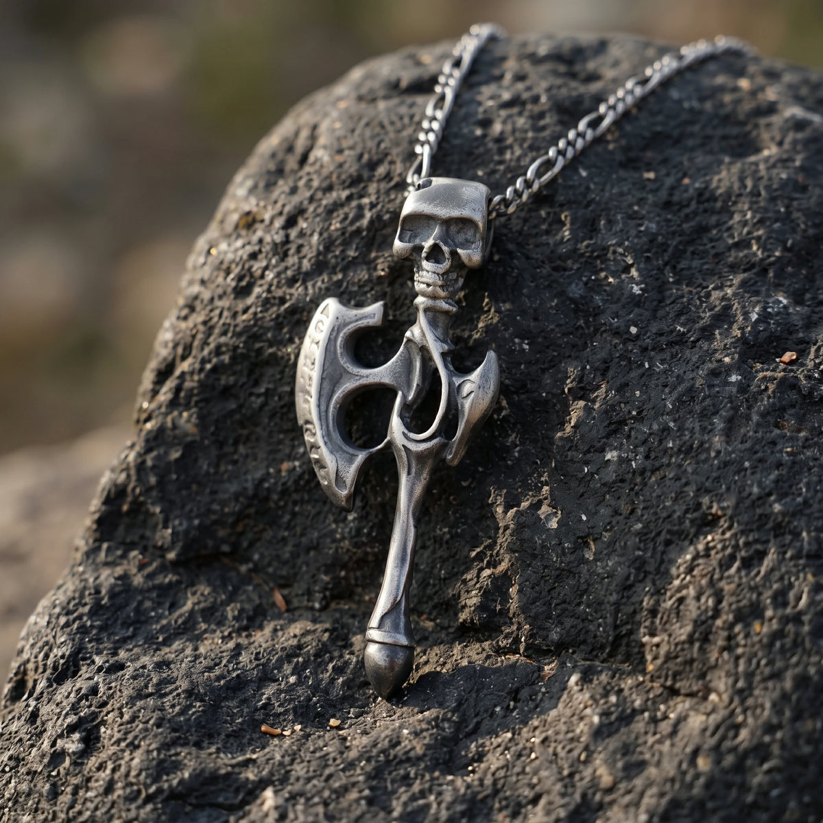 925 Sterling Silver Gothic Skull Battle Axe Durable Viking Warrior Pendant