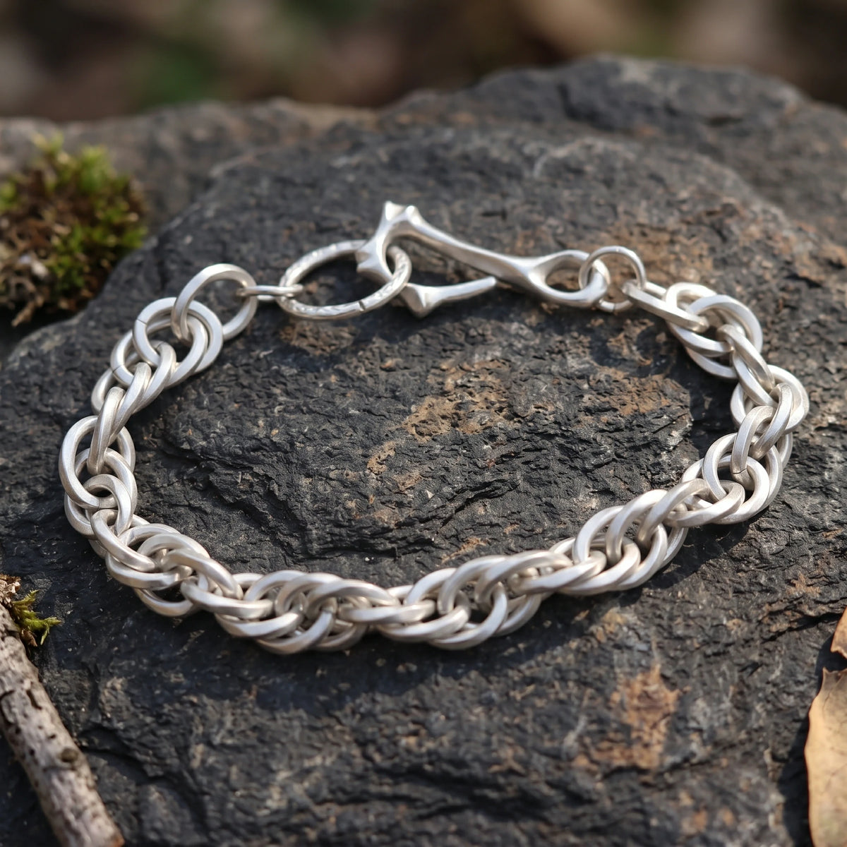 Rustic 925 Sterling Silver Heavy Loop Chain Bracelet with Artisan Bone Clasp