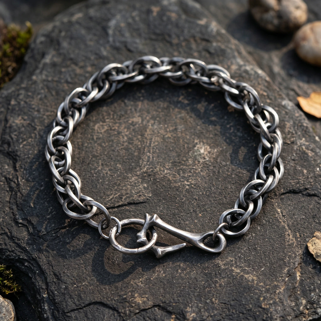 Rustic 925 Sterling Silver Heavy Loop Chain Bracelet with Artisan Bone Clasp