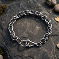 Rustic 925 Sterling Silver Heavy Loop Chain Bracelet with Artisan Bone Clasp