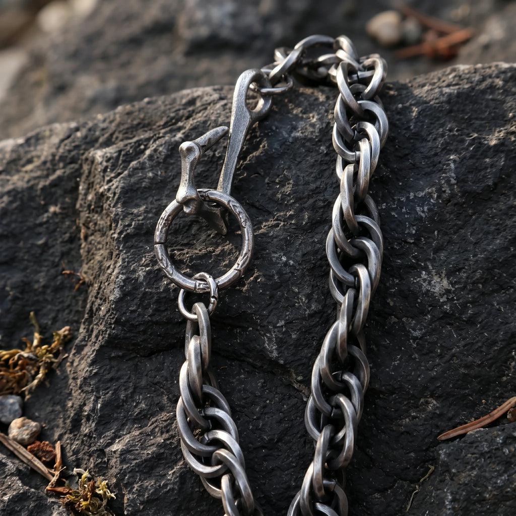 Rustic 925 Sterling Silver Heavy Loop Chain Bracelet with Artisan Bone Clasp