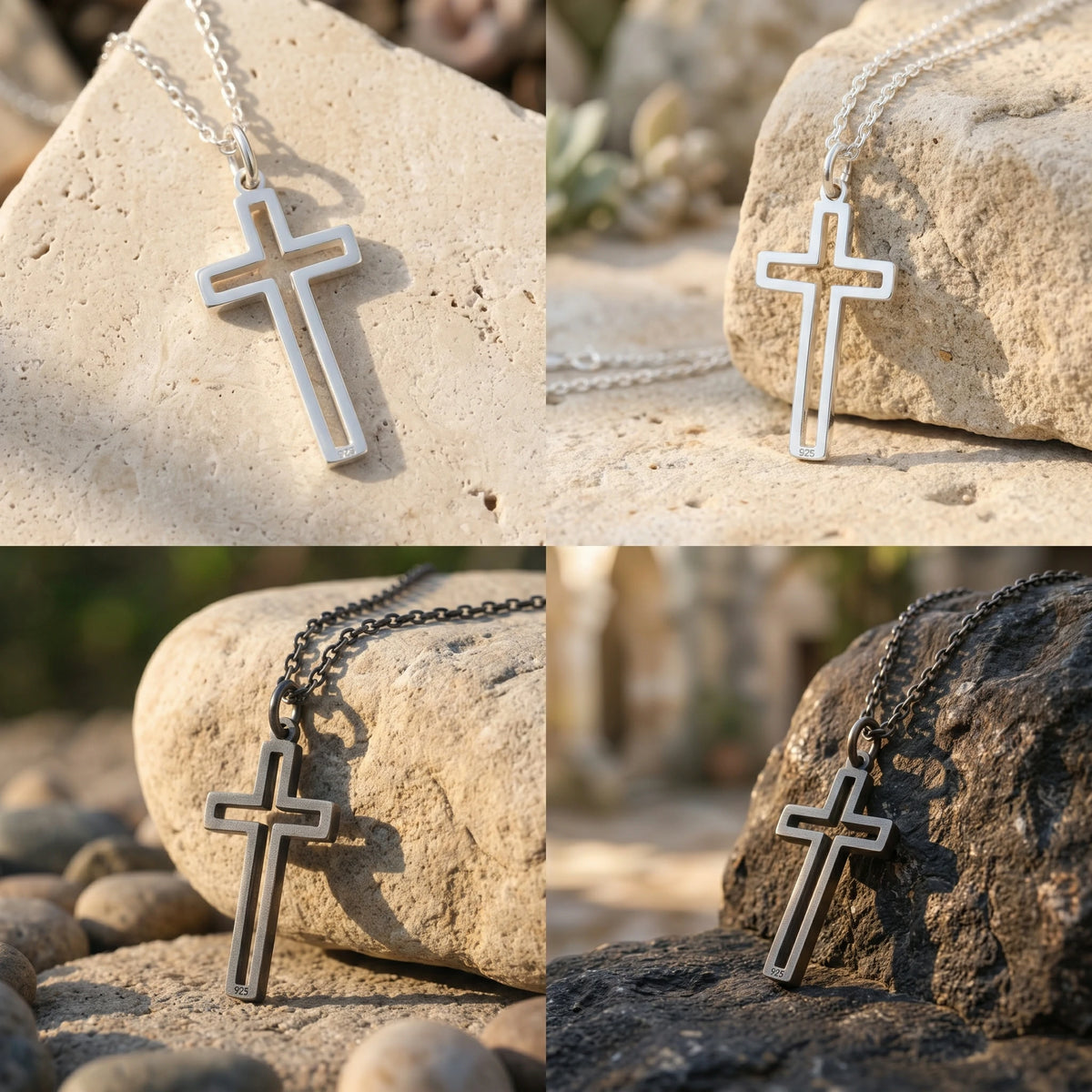 Cutout Cross Pendant Necklace, 925 Sterling Silver Religious Faith Jewelry