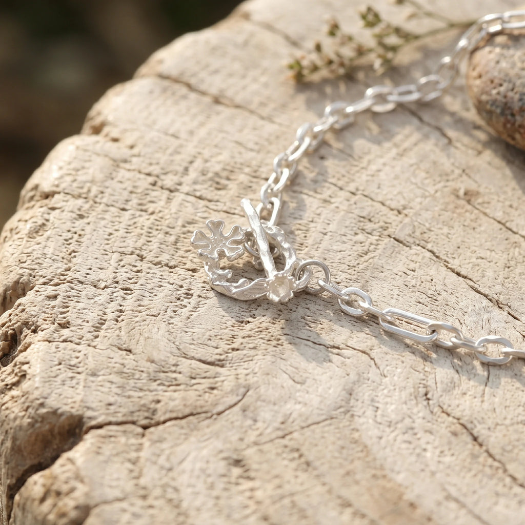 925 Sterling Silver Floral Branch Toggle Clasp Durable Link Chain Bracelet