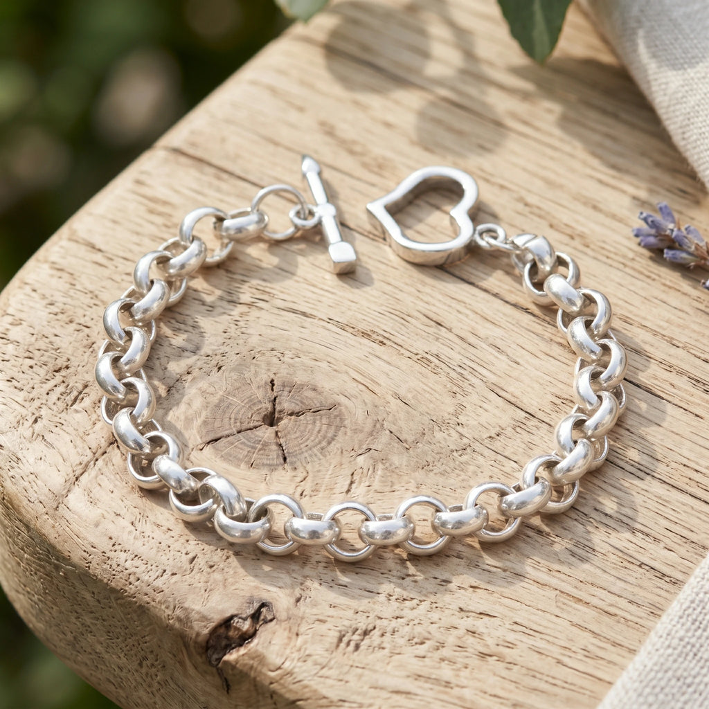925 Sterling Silver Cupid's Arrow Heart Toggle Clasp Rolo Chain Bracelet