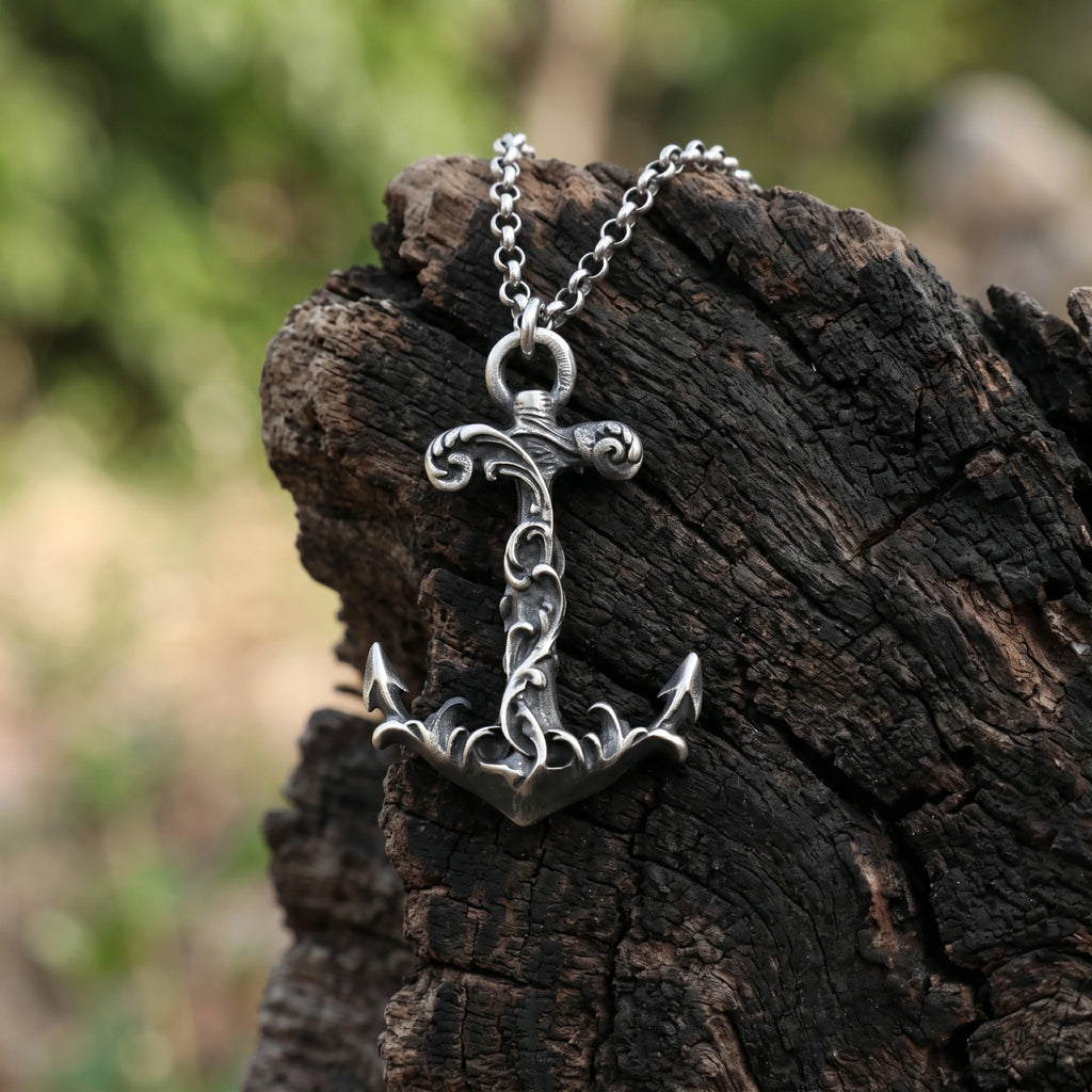 925 Sterling Silver Vintage Anchor Pendant Necklace, Baroque Nautical Sailor Charm Jewelry