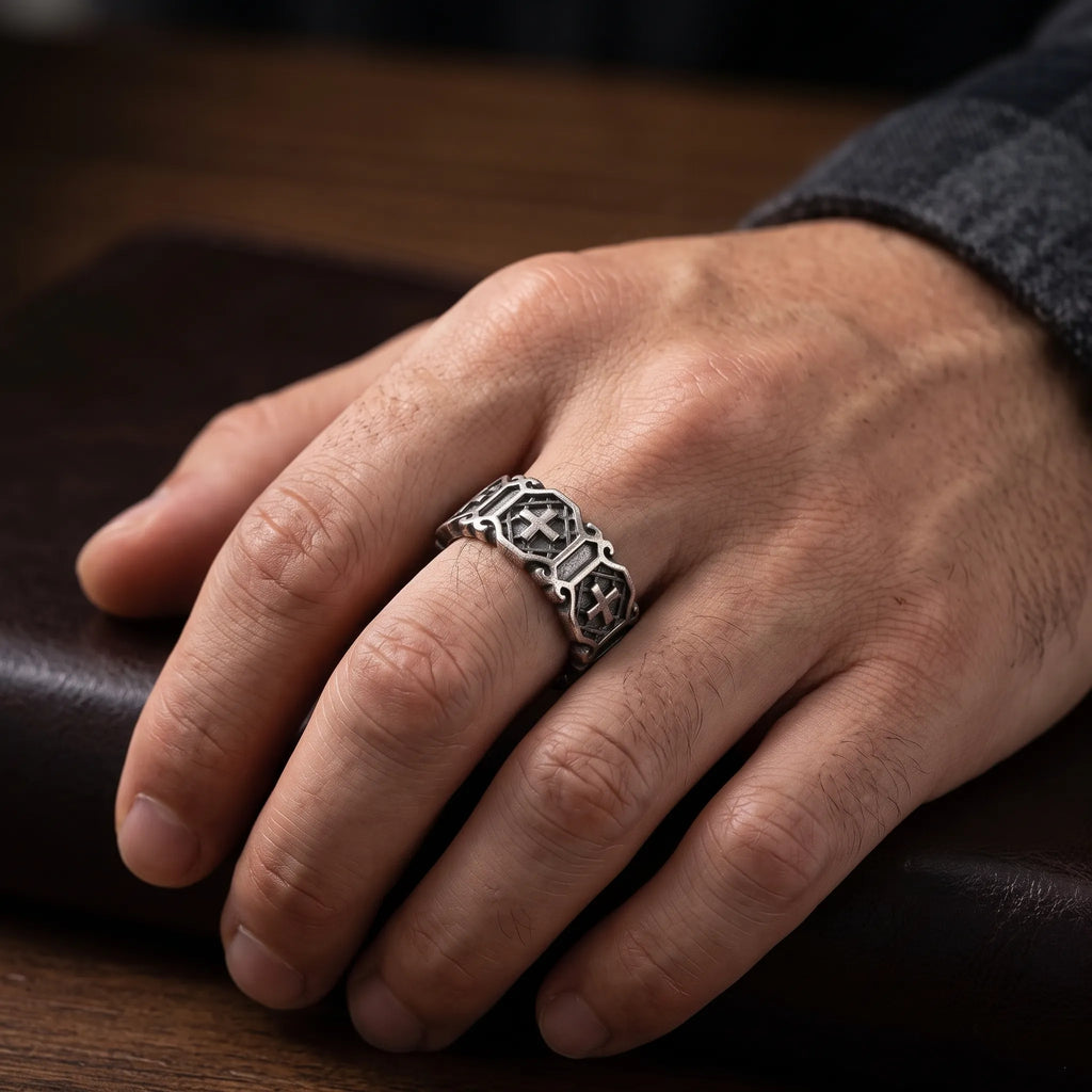 Personalized Gothic Cross Ring-Custom Engravable 925 Sterling Silver Band for Men