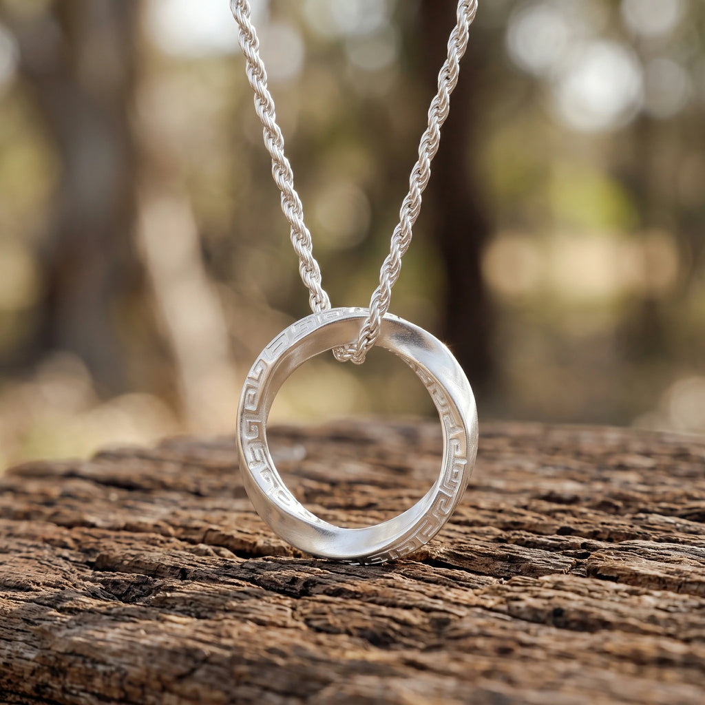 925 Sterling Silver Mobius Ring Pendant Necklace, Vintage Greek Key Eternity Jewelry