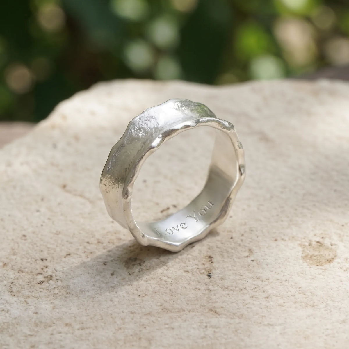 Custom Engraved Organic Molten 925 Sterling Silver Ring, Wavy Hammered Band, Wedding Rings