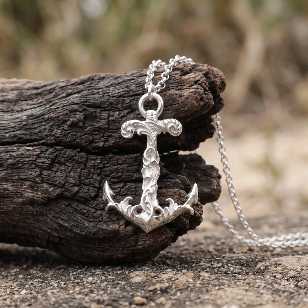 925 Sterling Silver Vintage Anchor Pendant Necklace, Baroque Nautical Sailor Charm Jewelry
