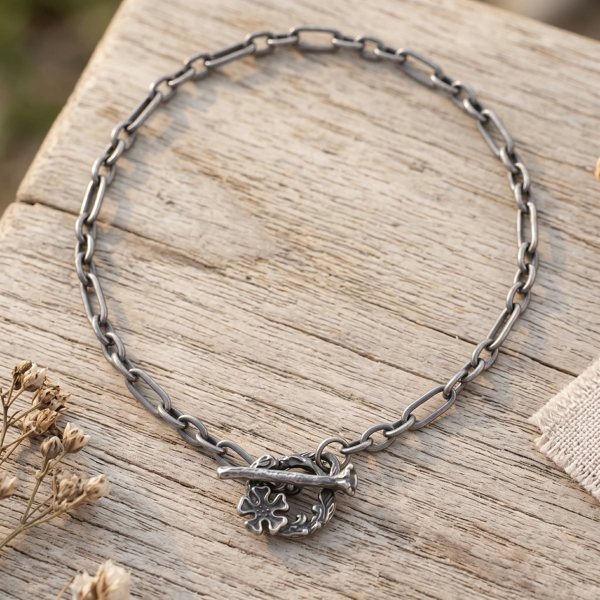 925 Sterling Silver Floral Branch Toggle Clasp Durable Link Chain Bracelet