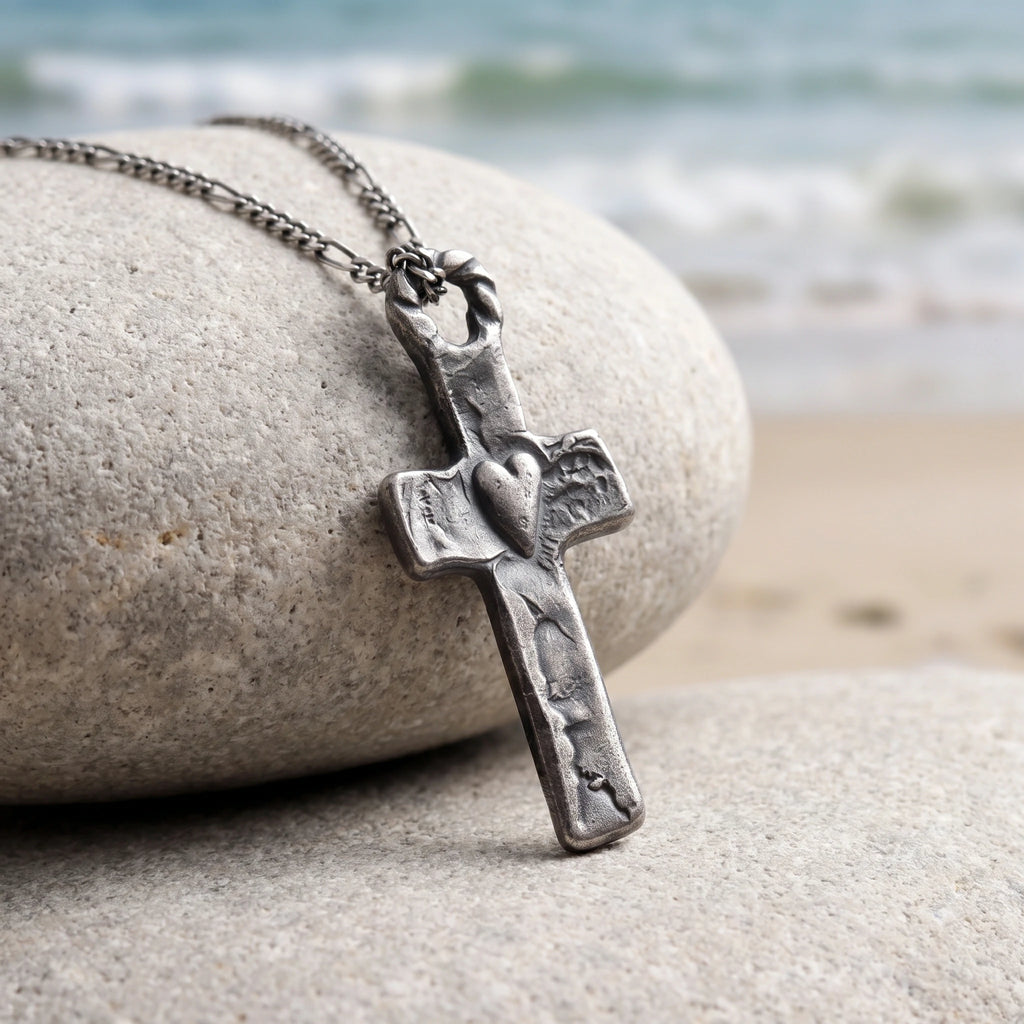 Rustic 925 Sterling Silver Sacred Heart Cross Necklace for Faith & Protection