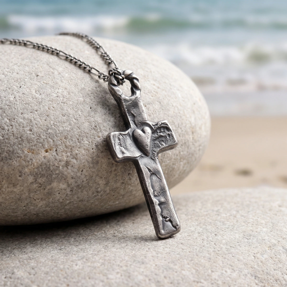 Rustic 925 Sterling Silver Sacred Heart Cross Necklace for Faith & Protection