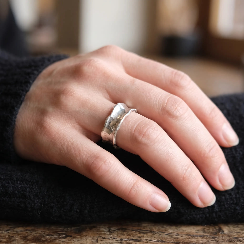 Custom Engraved Organic Molten 925 Sterling Silver Ring, Wavy Hammered Band, Wedding Rings