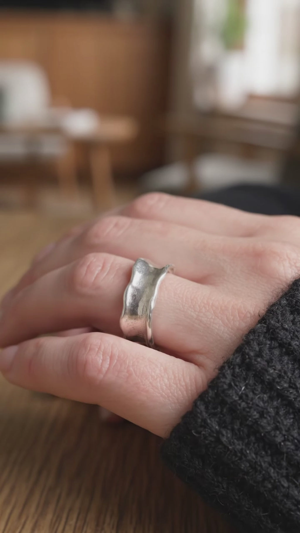 Custom Engraved Organic Molten 925 Sterling Silver Ring, Wavy Hammered Band, Wedding Rings