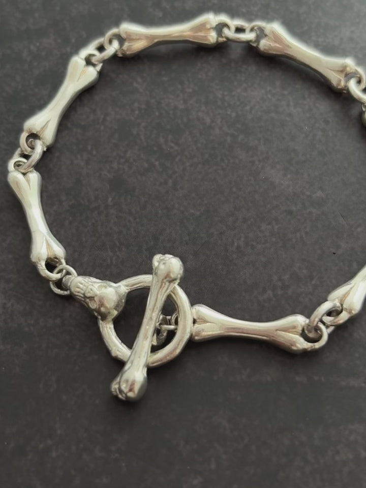 Gothic Bone Link Bracelet, 925 Sterling Silver Skeleton Skull Toggle Clasp Wristband