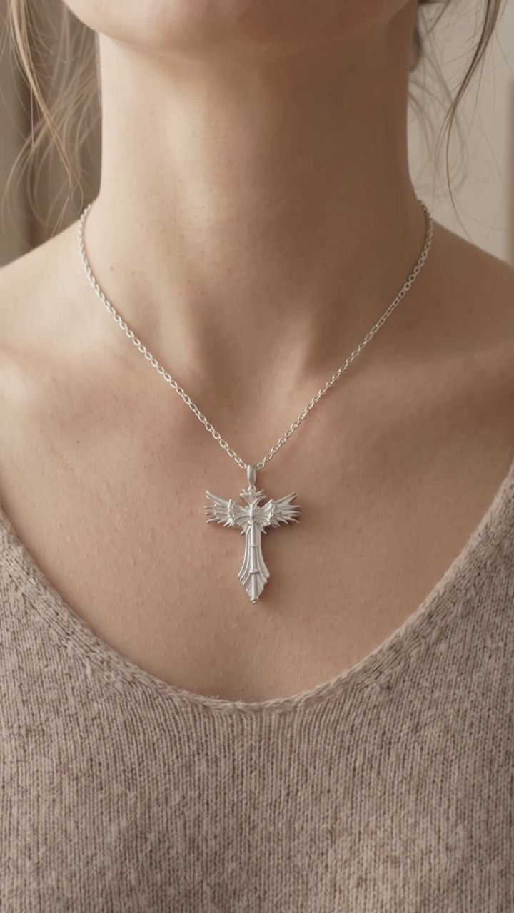 Custom 925 Sterling Silver Angel Wing Cross Pendant for Divine Heavenly Protection