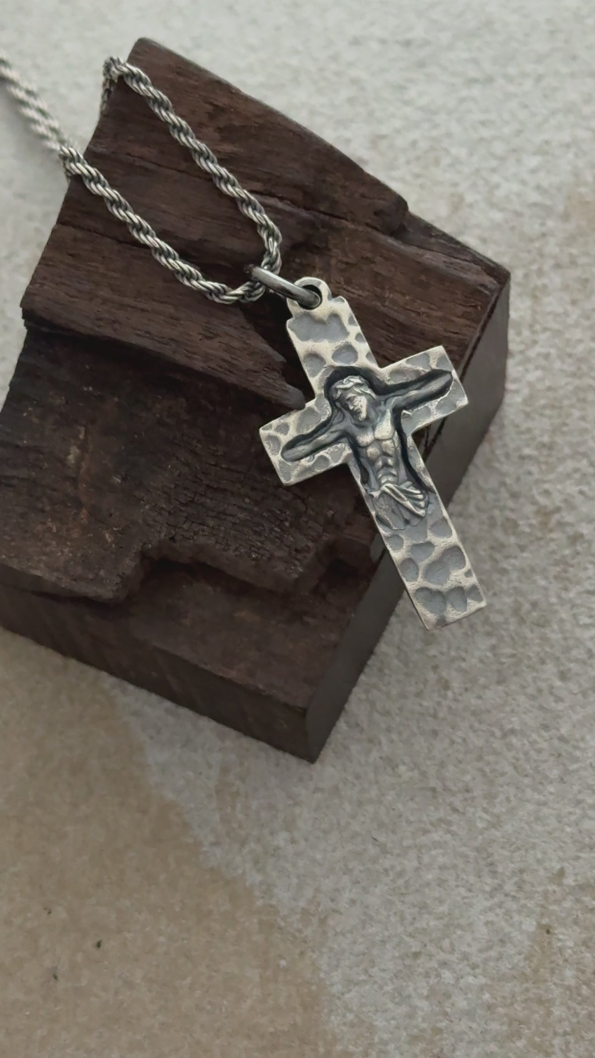 Rock of Ages Sunken Crucifix, Heavy Hammered 925 Sterling Silver Faith Necklace