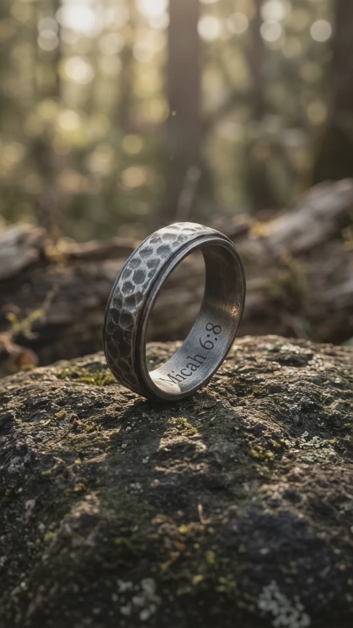 925 Sterling Silver Hammered Ring, Oxidized Textured Band for Men, Custom Engraved Ring, Rustic Wedding Band