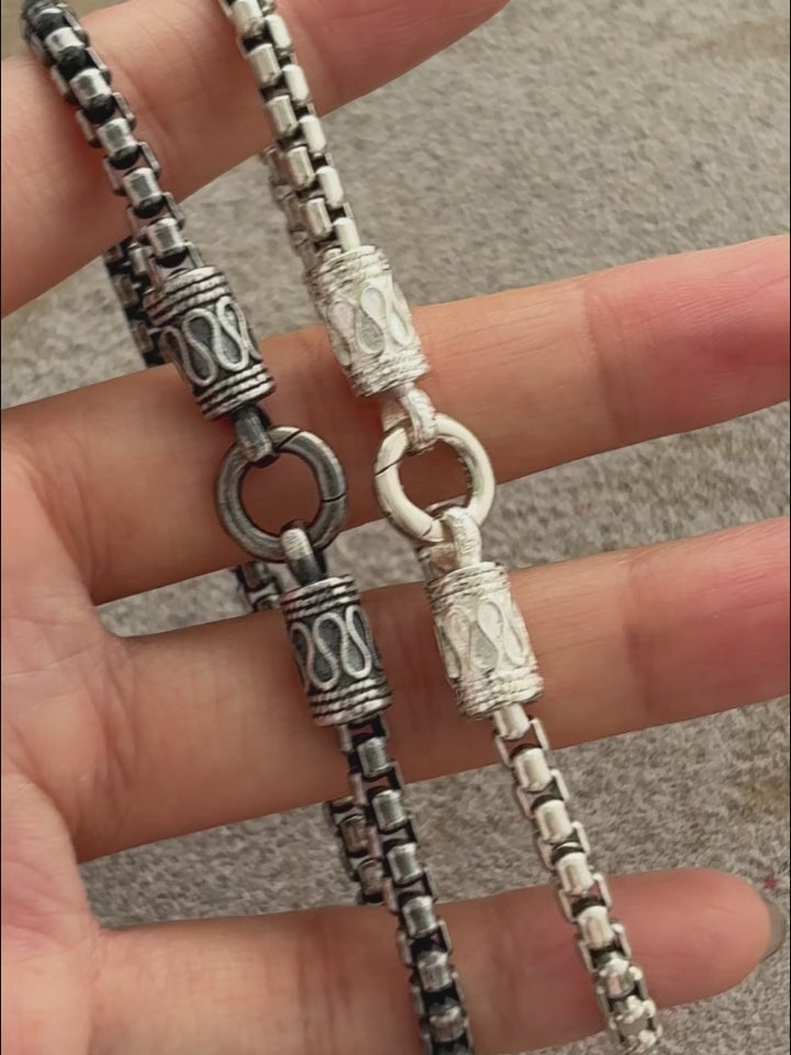 Balinese Totem Box Chain Bracelet, 925 Sterling Silver Ornate End Cap Wristband