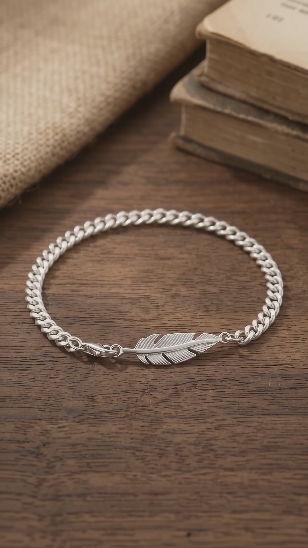 925 Sterling Silver Feather Curb Chain Bracelet With Custom Engravable Clasp Back